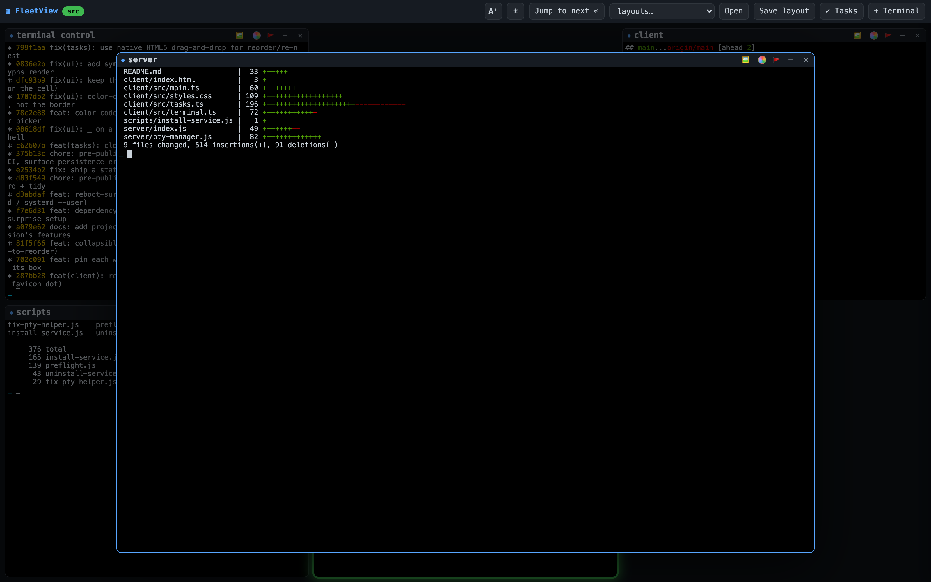 Clicking a terminal zooms it to the center of the screen while the rest of the grid dims behind it